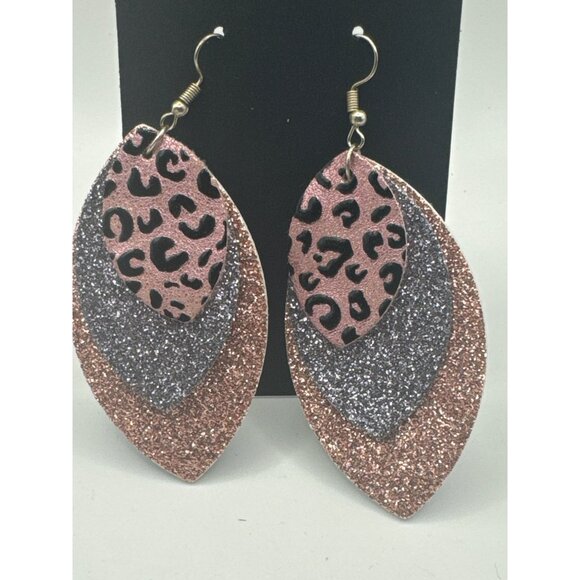 Layered Glitter & Leopard Print Faux Leather Teardrop Earrings - Picture 2 of 4